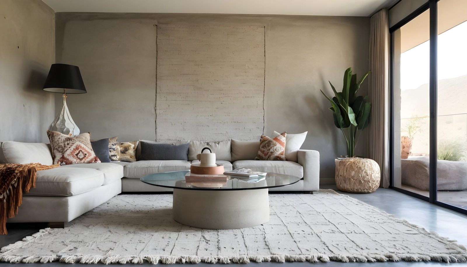 Living room with concrete walls and textured rug.