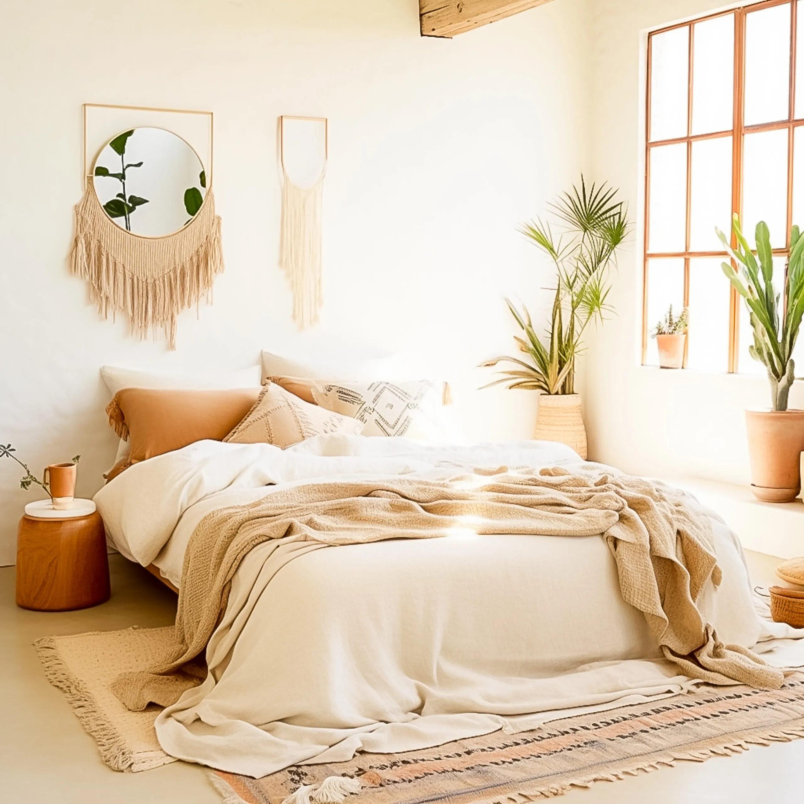 Cozy boho interior with layered pillows.