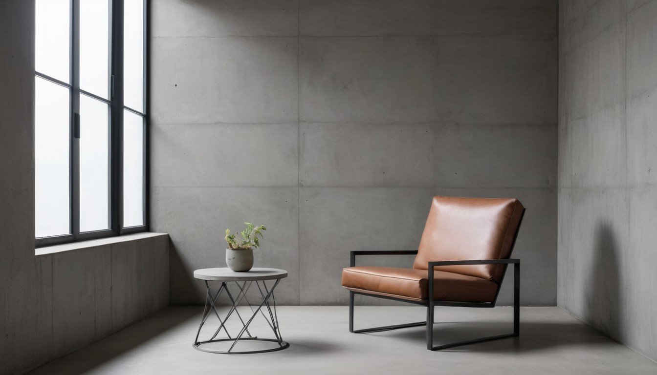 Minimalist chair and concrete walls.