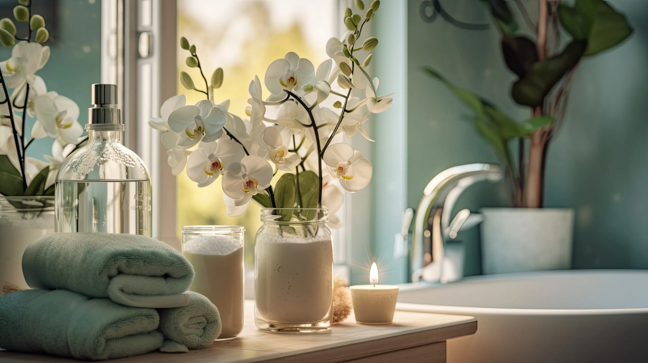Mint bathroom with flowers and potted plants.