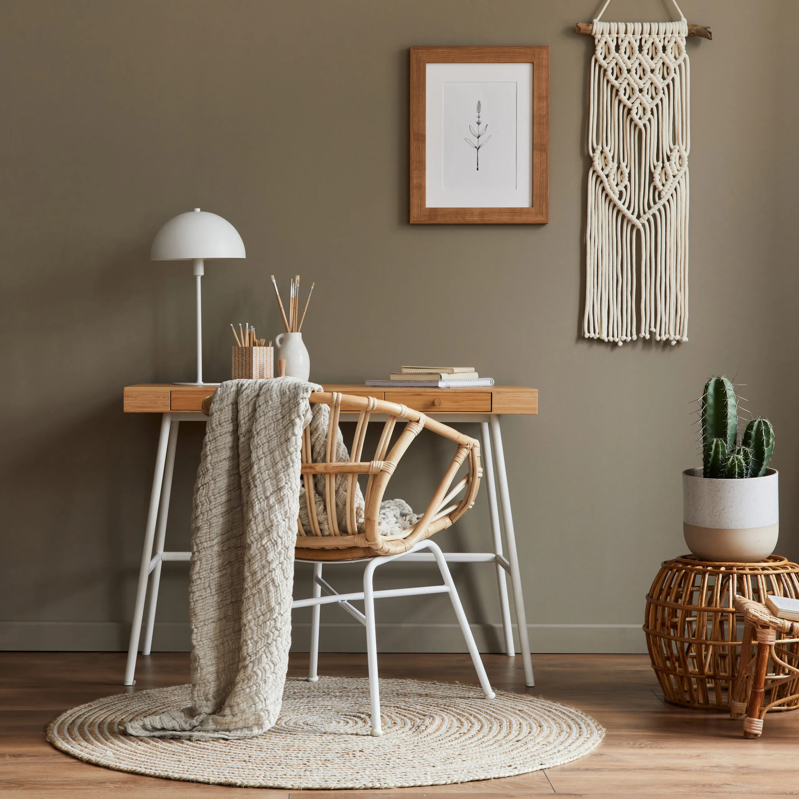 Now, for the infusion of natural elements, which is also known as another design style, Biophilic design. The natural infusion in Bohemian interior design plays a major role in creating a harmonious and inviting space. By incorporating the beauty of the natural world with plants, wood, and organic textures, you bring in a sense of warmth to your home.But what furniture pieces should you include? What screams bohemian vibe? Start by incorporating furniture pieces made of natural materials like jute, rattan, and bamboo. For instance, include a rattan chair and add cozy, textured pillows along with a jute rug. Also, infuse your space with wooden furniture to bring in a rustic charm and grounded presence. Move on by hanging potted plants in hanging vines to add life and freshness to your space. This infusion of natural elements into your home will create a serene and inviting atmosphere that also celebrates the beauty of the outdoors.