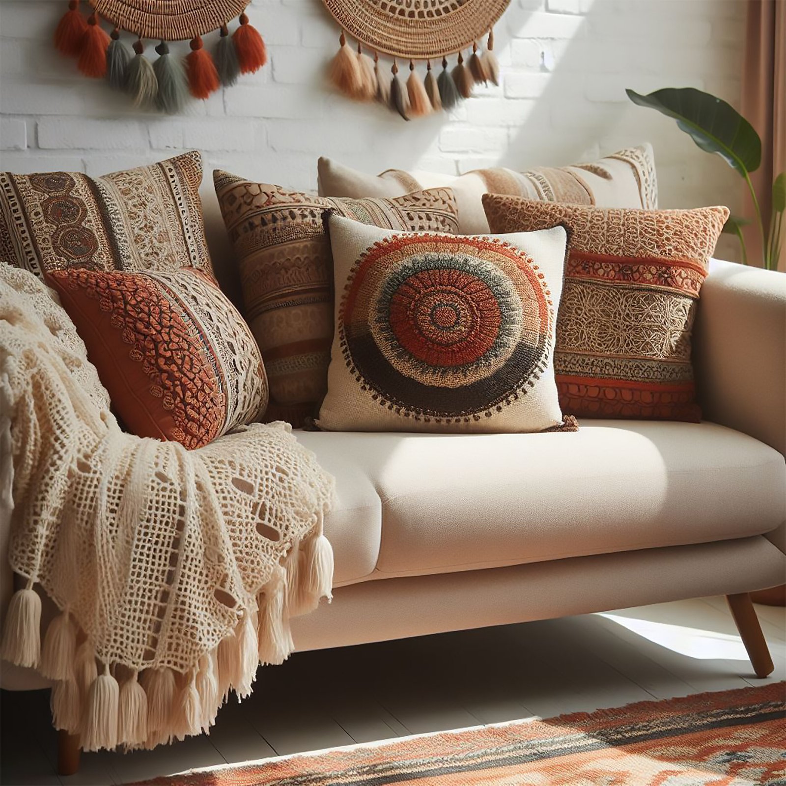 Living room with lots of pillows in different patterns and textures. 
