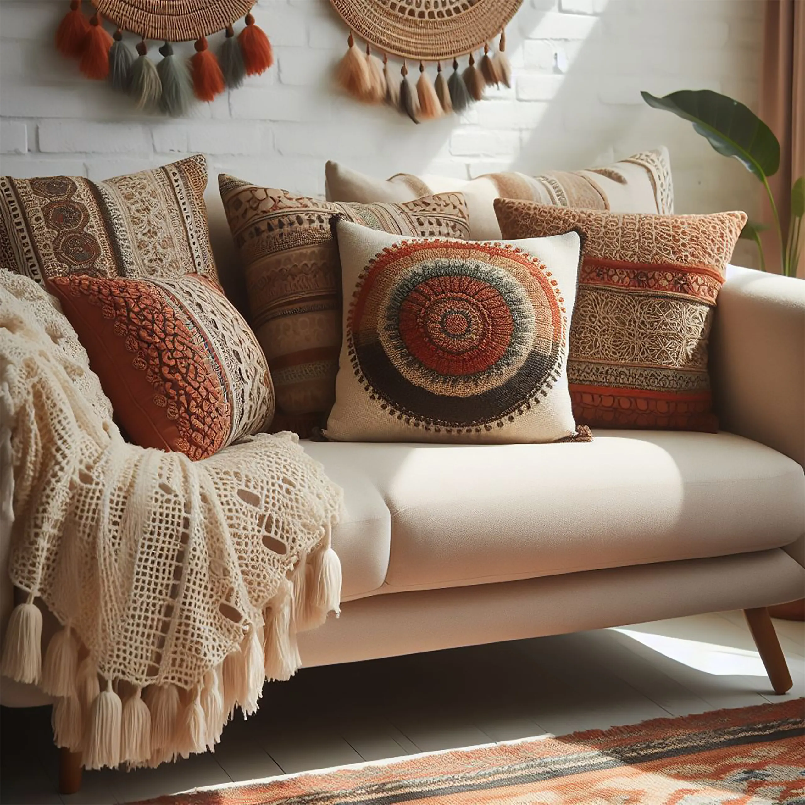 Living room with lots of pillows in different patterns and textures.
