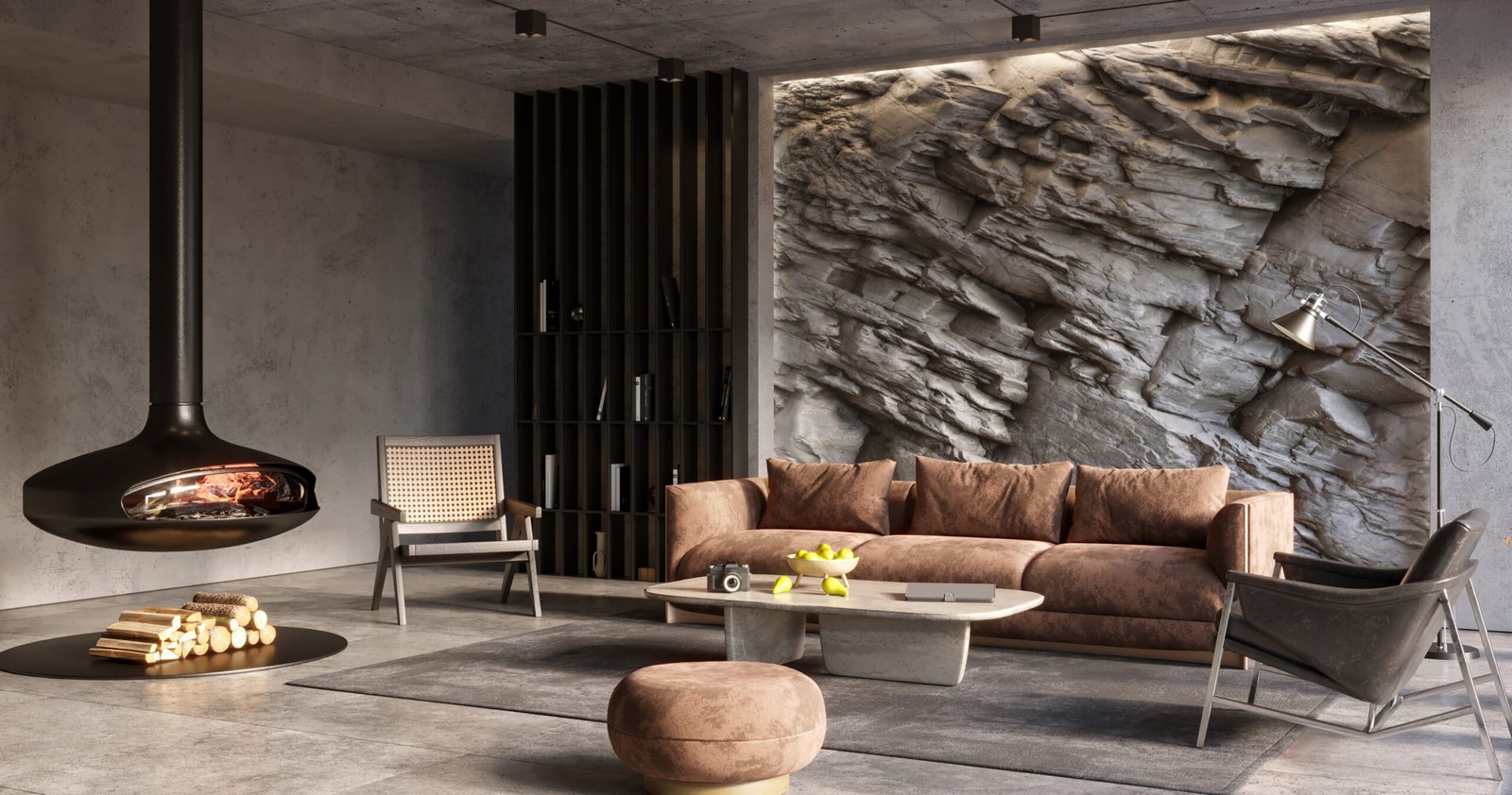 Natural mountain rock wall modern living room interior with brown couch.