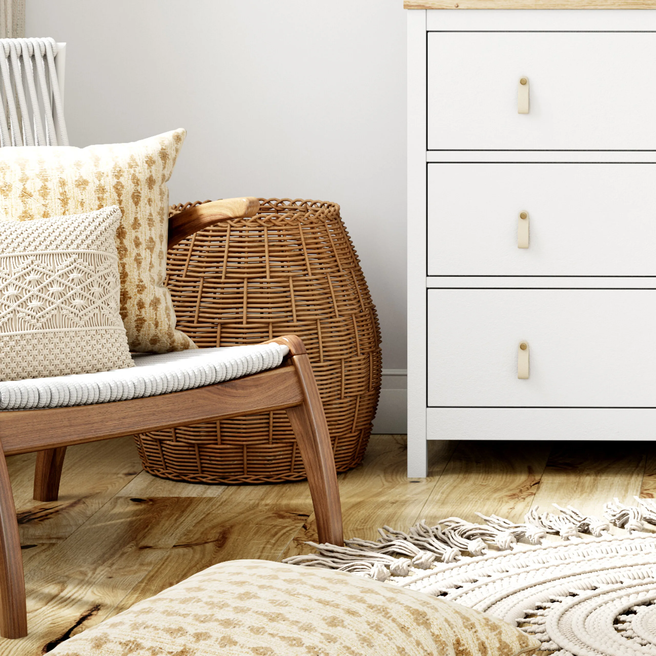 Boho interior with different patterns and materials.