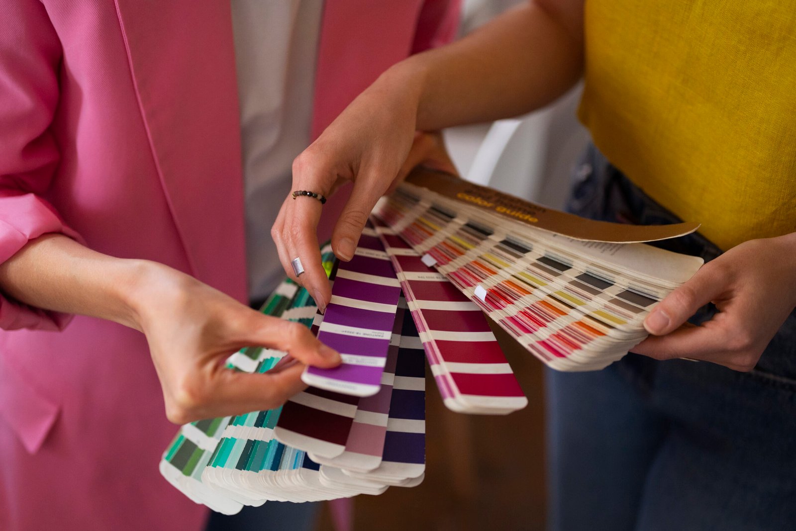 Side view of woman testing colors.