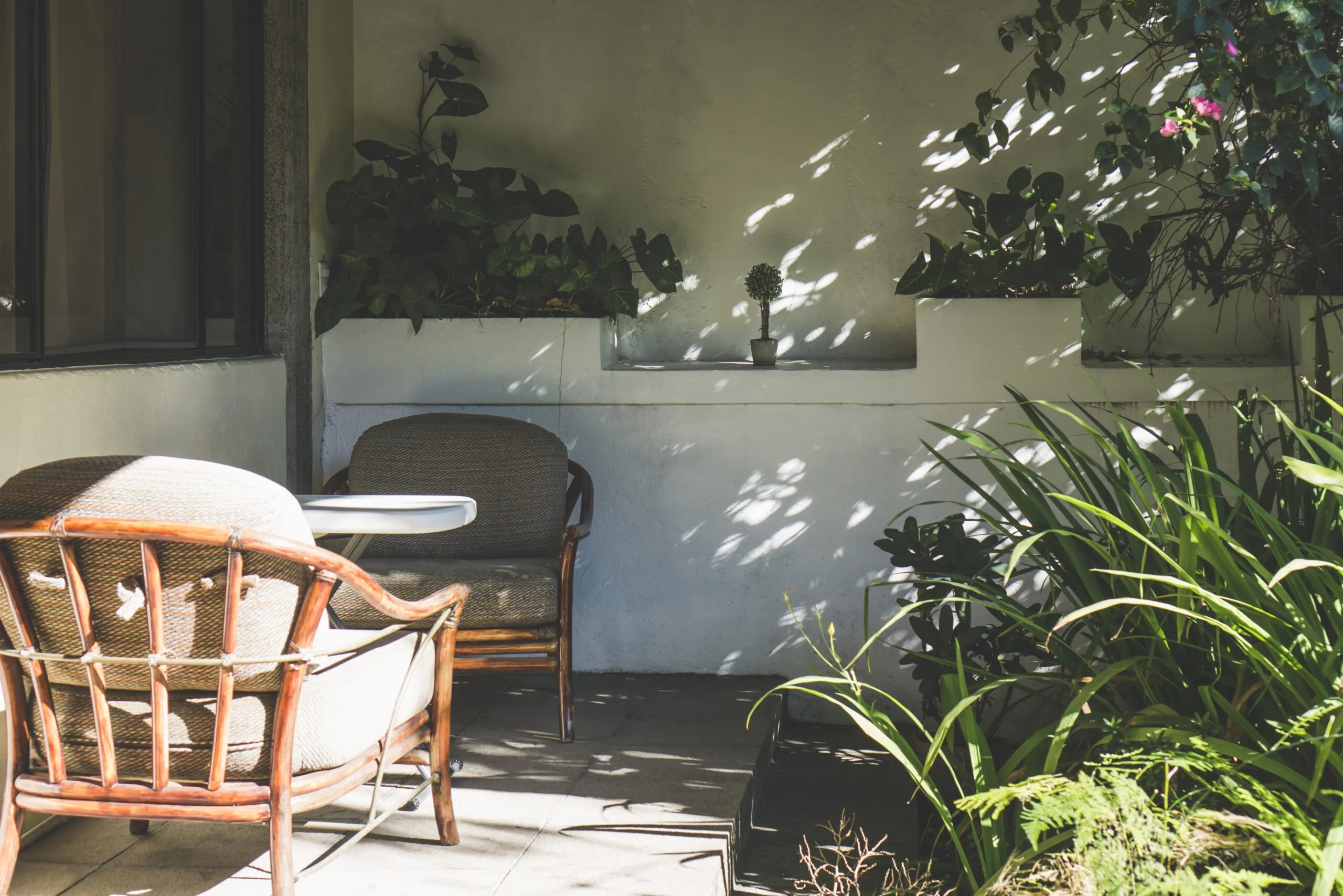Veranda with wooden chairs on a sunny day. Shaded patio with plants.