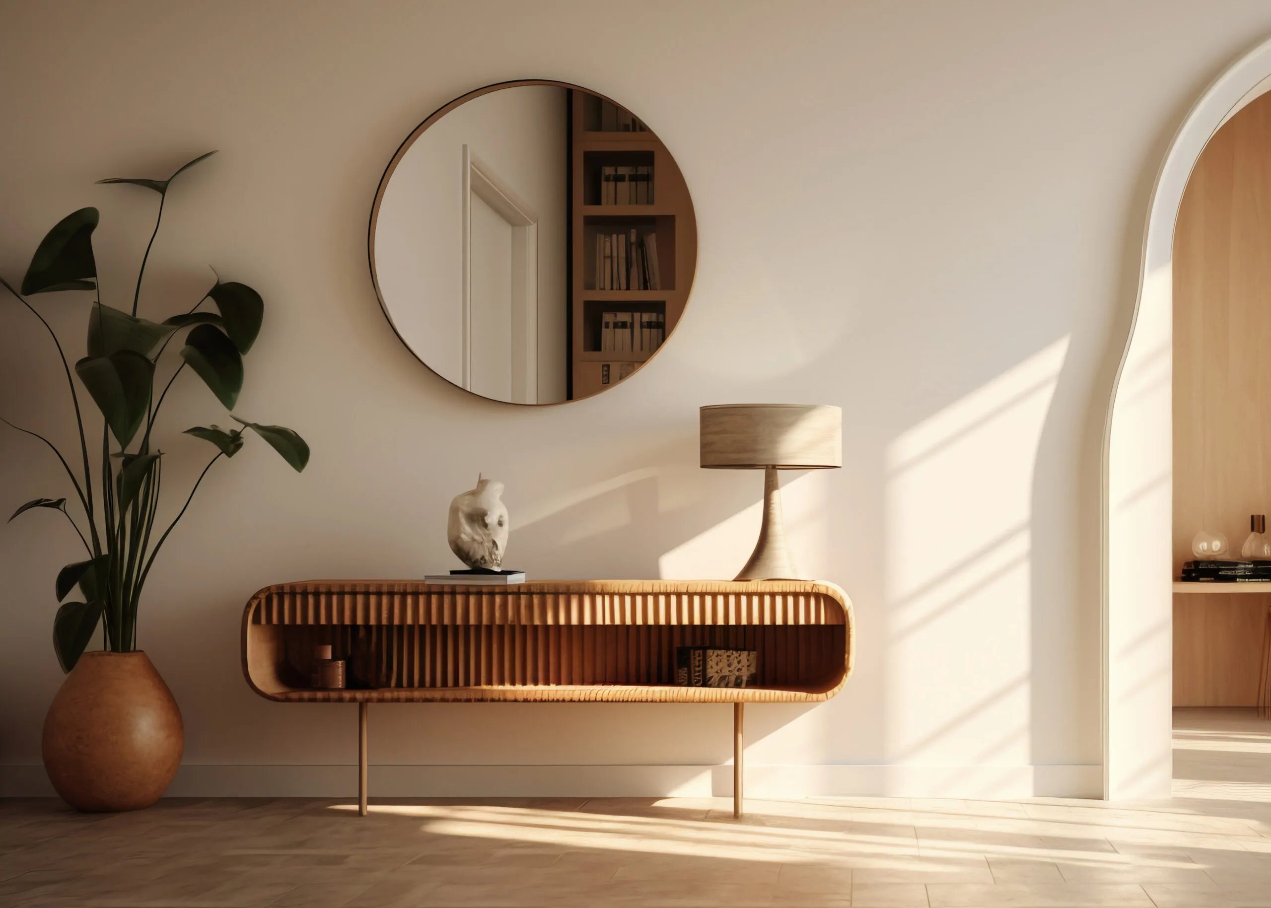 Mid-century modern entry way with a soft lines side board.