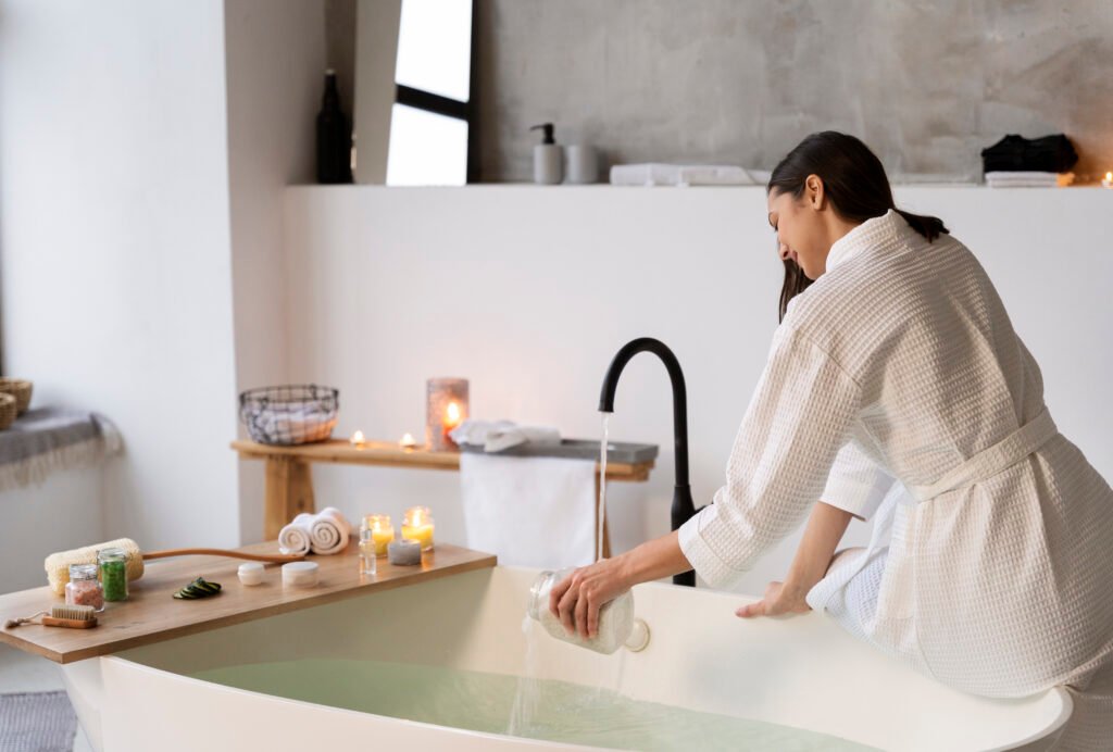 Young woman putting bath salt water before taking bath.