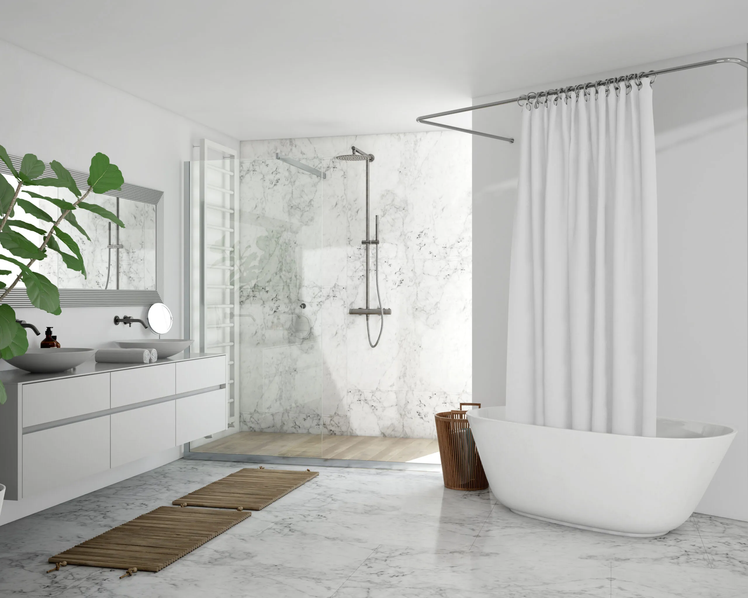 White beautiful bathroom with marble floor and walls.