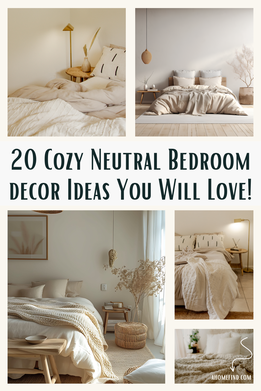 Pinterest pin, cozy neutral bedroom decor.