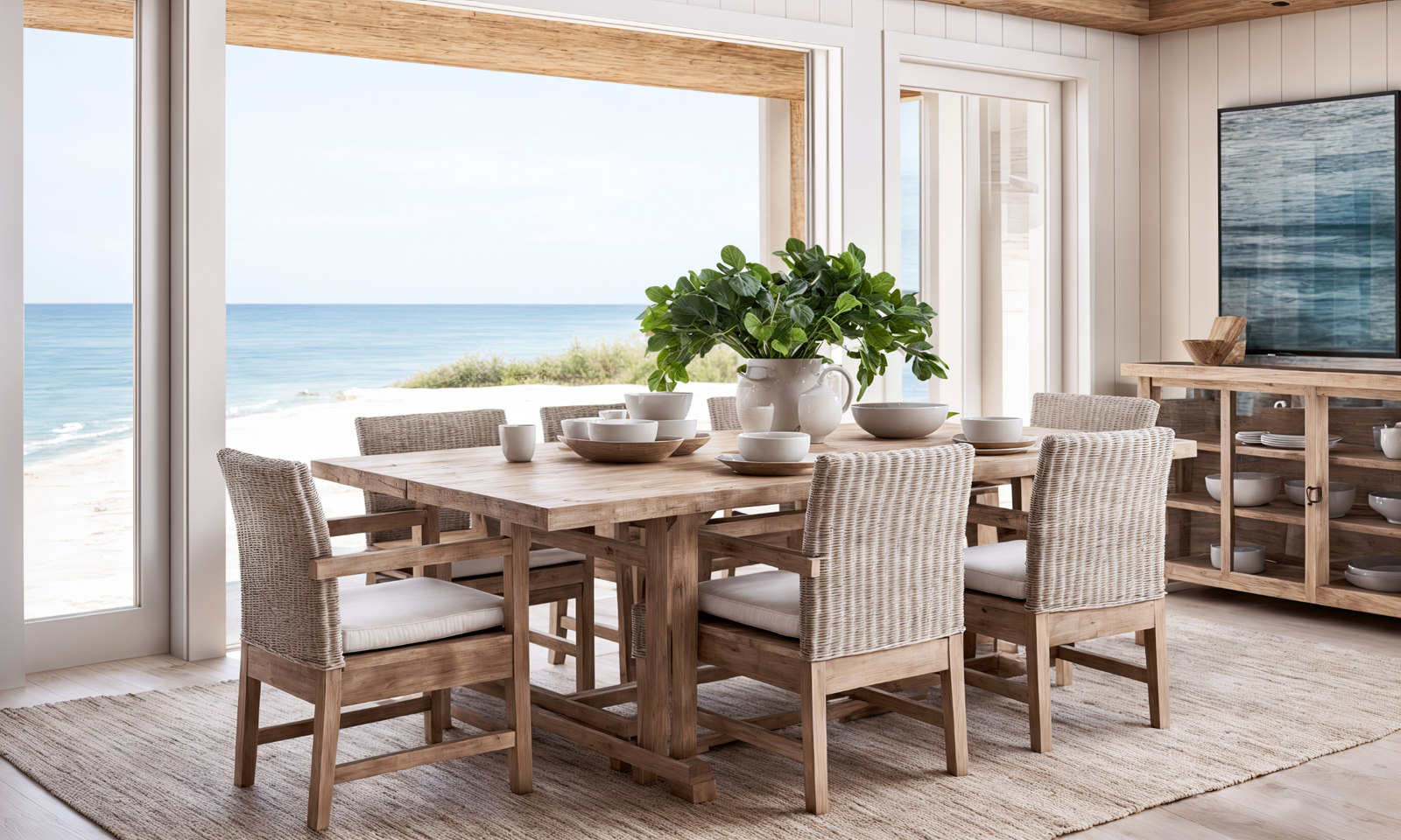 A coastal dining room with a wooden dining table, wooden dining chairs, a jute rug and a wall art on the ocean. A large window facing the ocean.