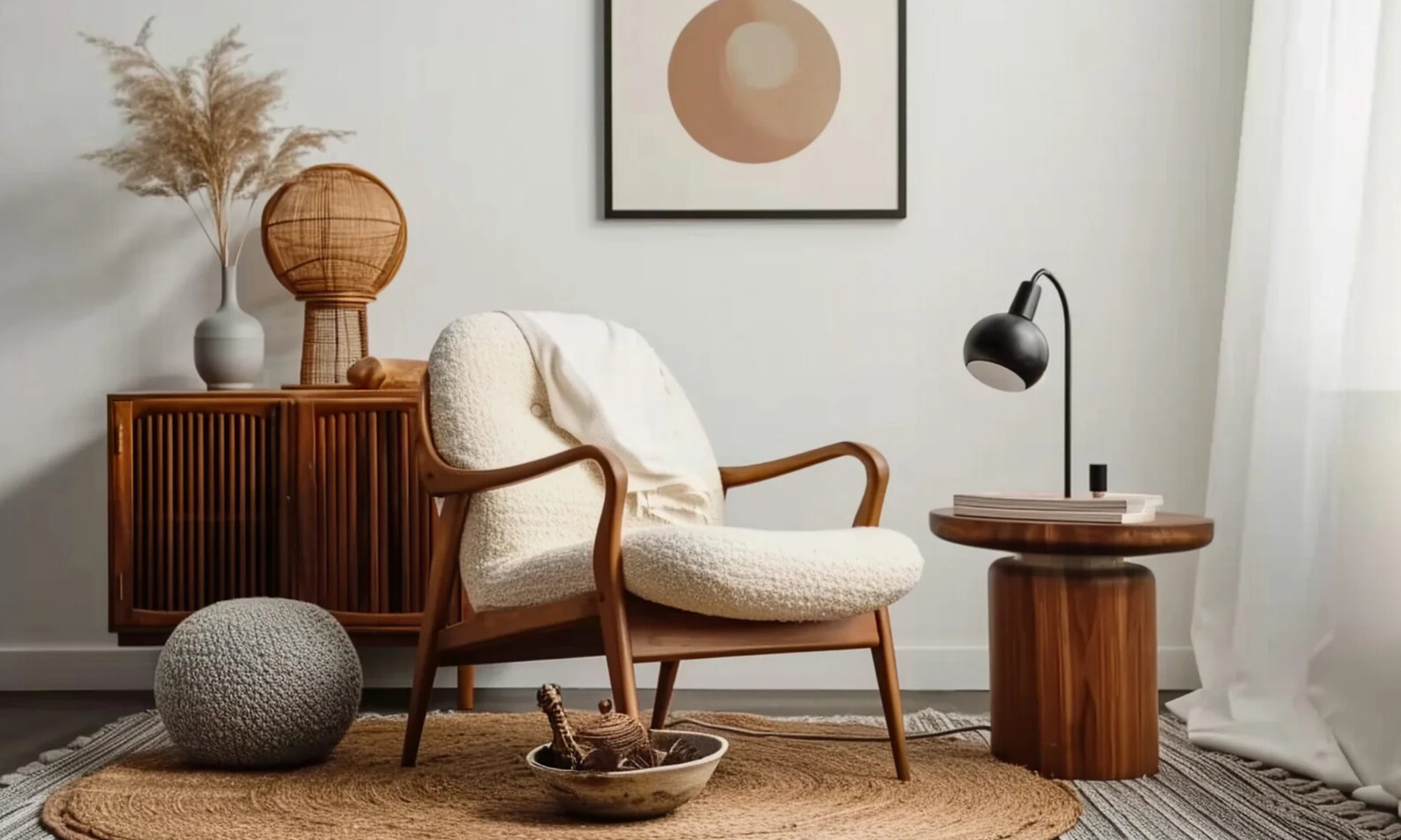 Mid century modern living room with Minimalist composition of elegant living room space with white boucle armchair, photos mock up frames, carpet, coffee table, lamp, decoration and personal accessories. Copy space.