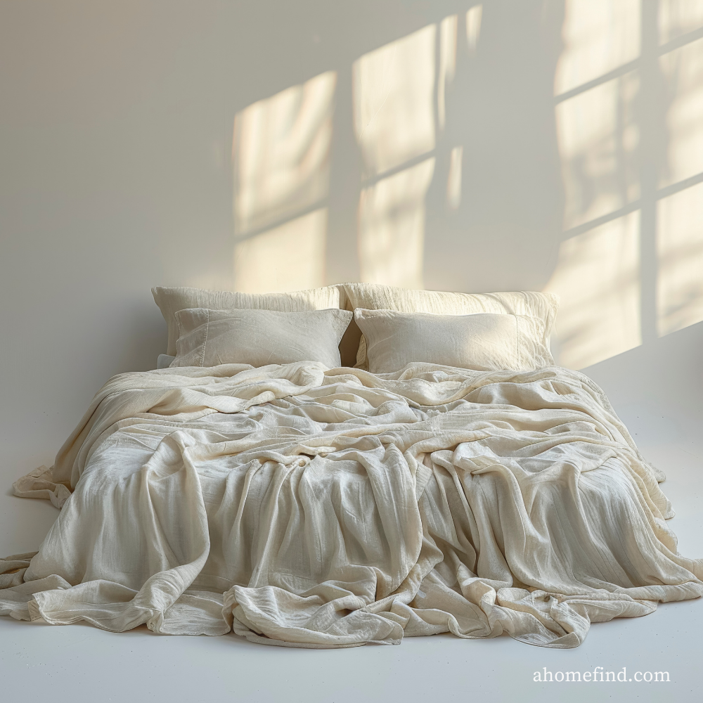 Bed on the background of a white wall in white room interior. White bedding and pillows with a beautiful morning sun.