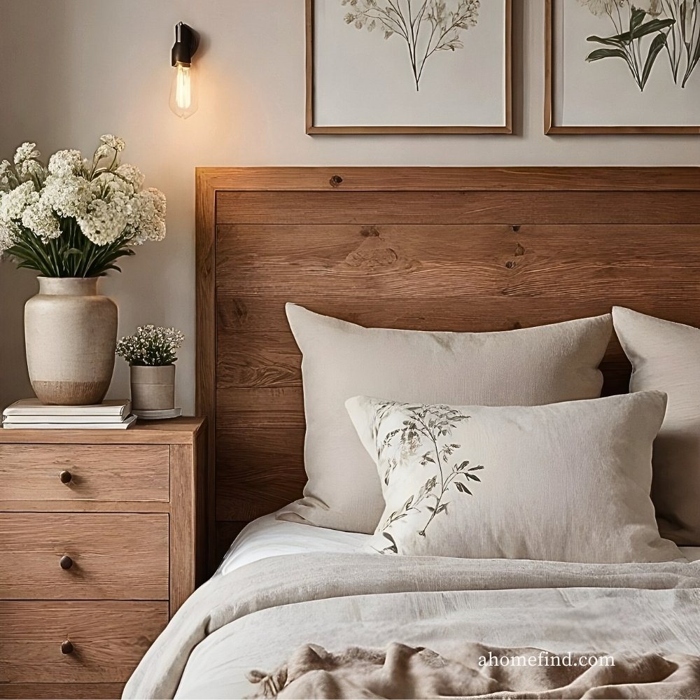 Wooden headboard and bedside table along with neutral colored bedding.
