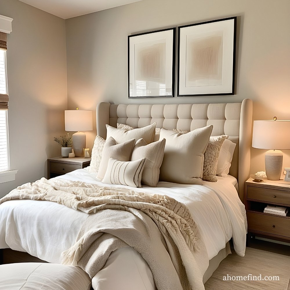 Cozy beautiful bedroom with a statement headboard.
