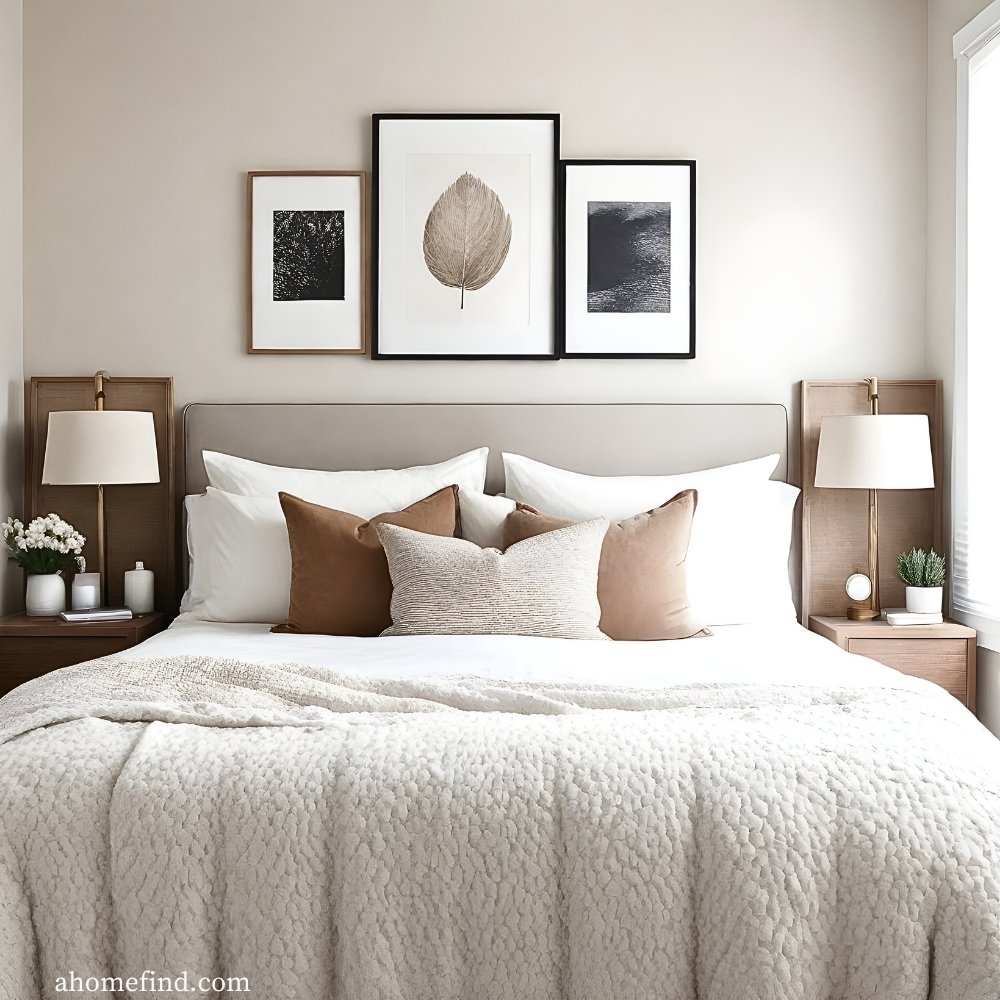 Cozy neutral bedroom with a minimalist gallery wall above the bed.