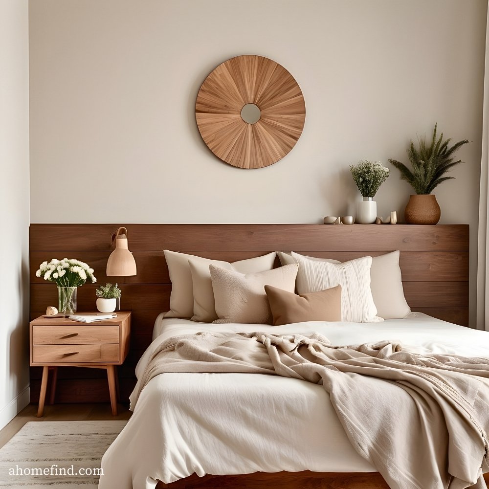 Bedroom with biophilic elements such as a wooden headboard and fresh flowers.