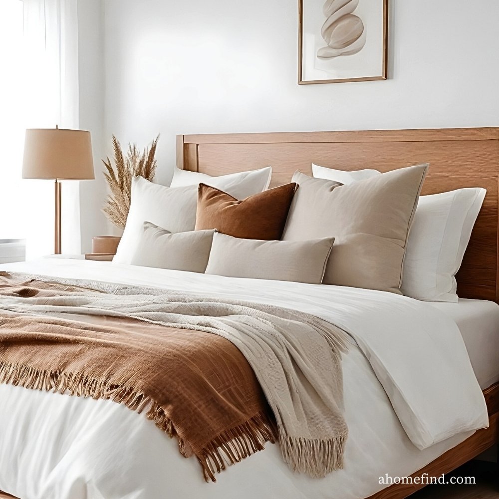 Wooden headboard along with neutral colored bedding.