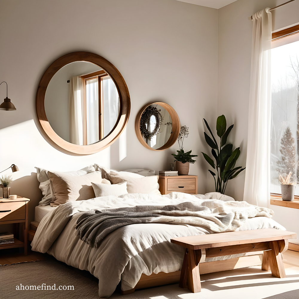 Cozy neutral bedroom with wooden details and natural sunlight. 