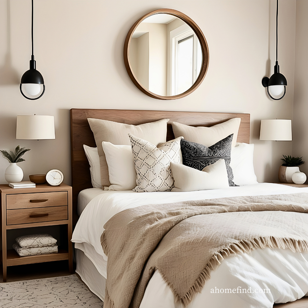 Wooden headboard with neutral colored decor and wooden nightstands.
