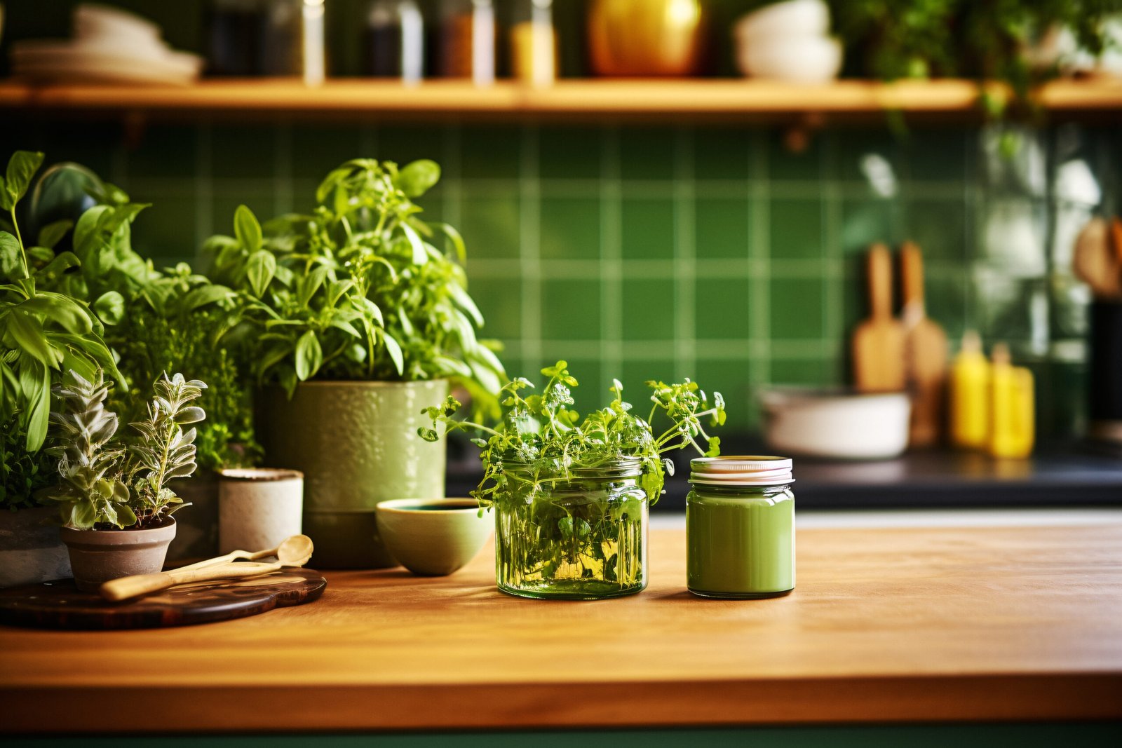 Beautifully arranged potted plants on the kitchen counter.
