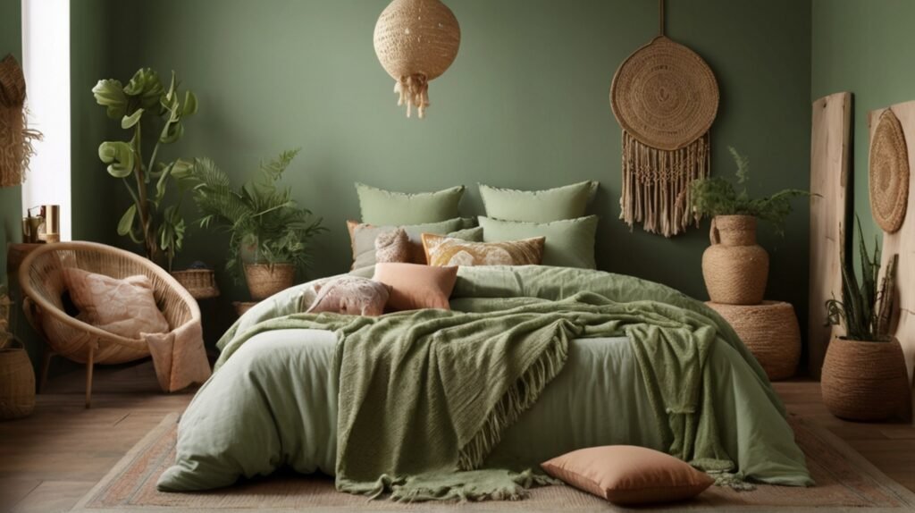 Color psychology in interior design, bedroom with a green wall, green pillows and a brown lamp.