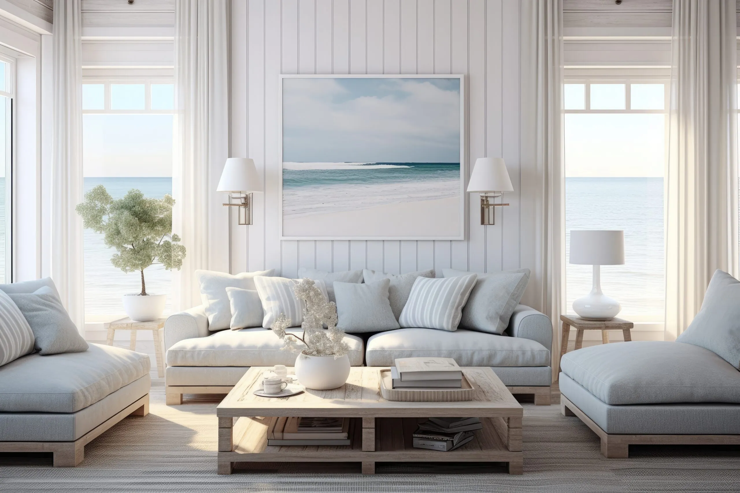 Cozy white couch living room with blue and wooden accents.