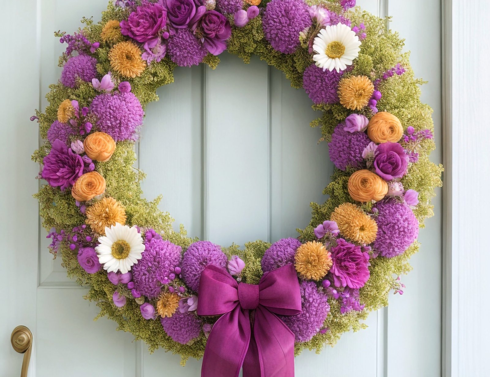 Summer floral wreath on front door.