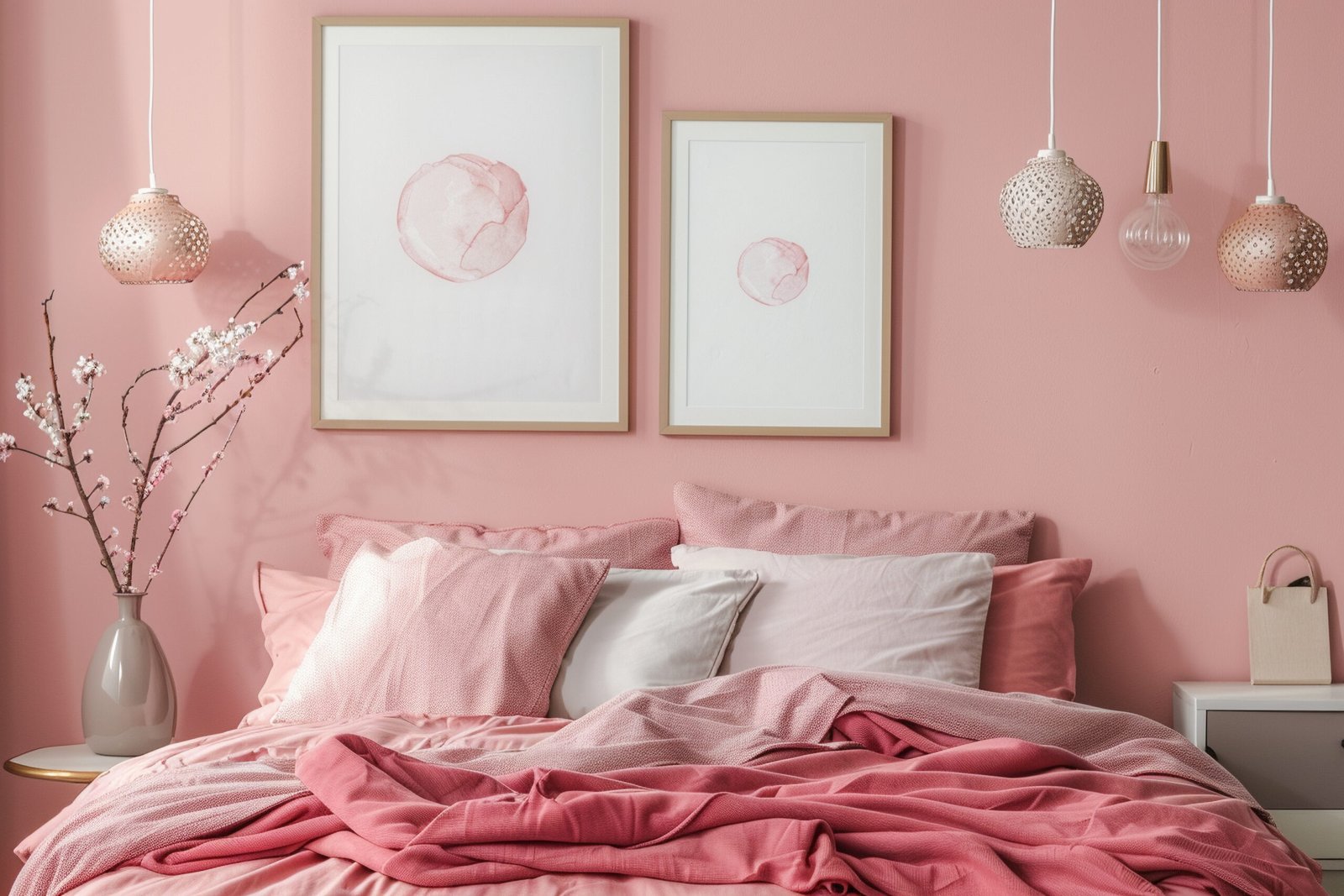 Pink bedroom with pink bed sheets and pink lights. 