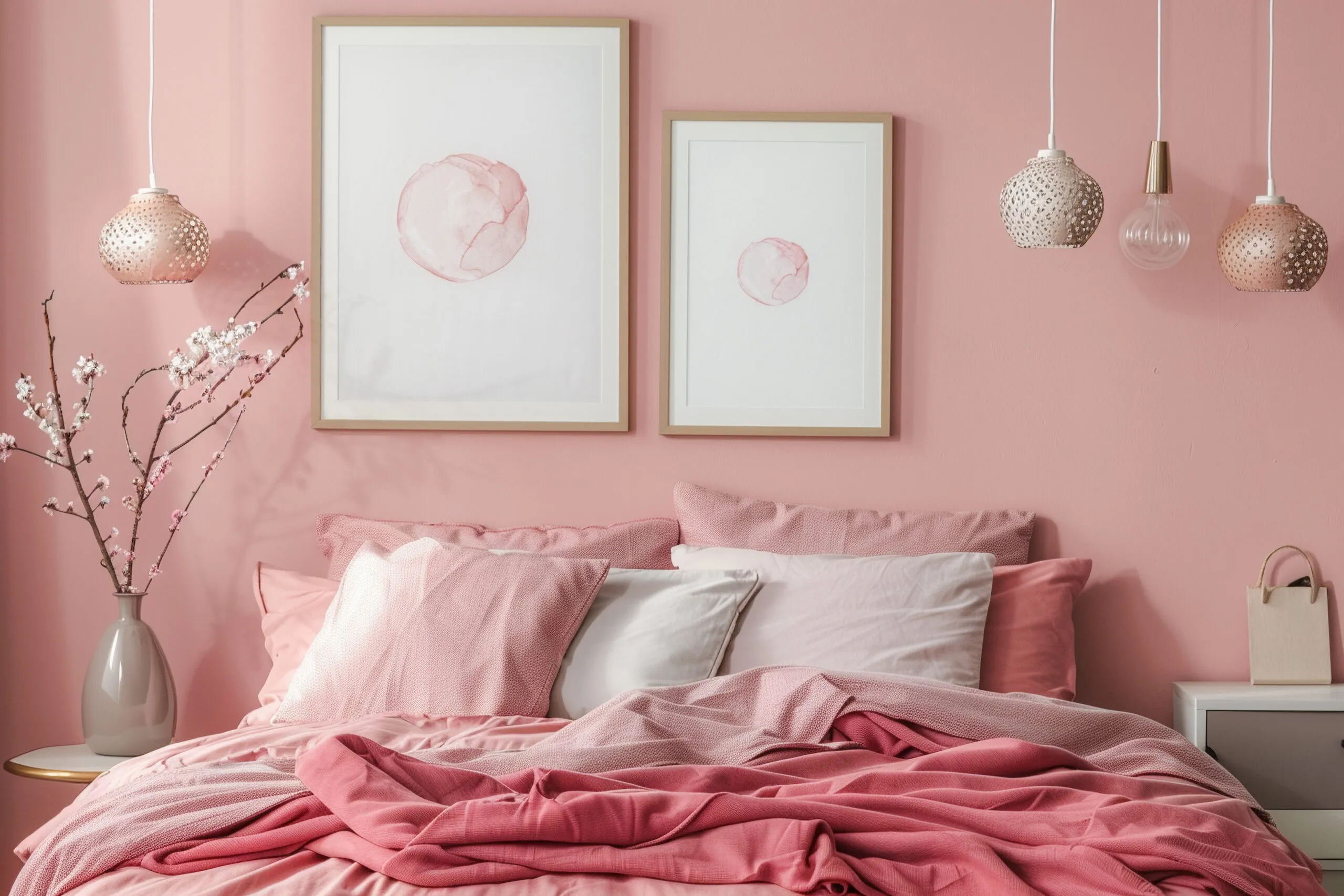 Pink bedroom with pink bed sheets and pink lights.