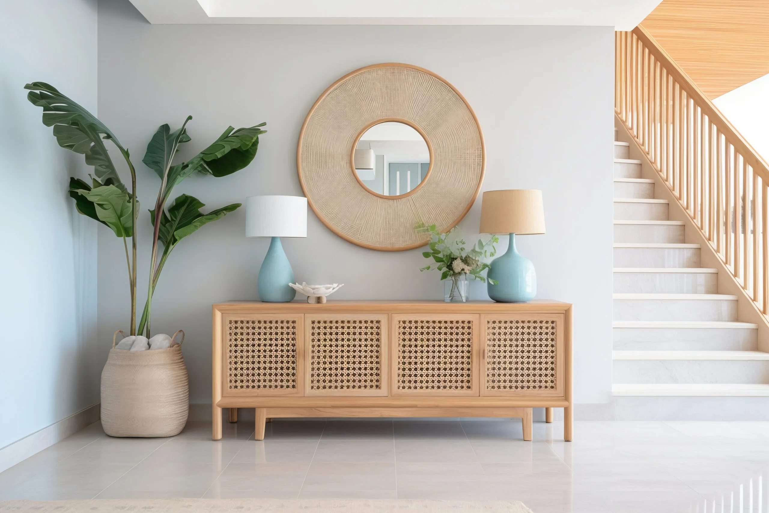 Home entryway in coastal design with rattan sideboard.