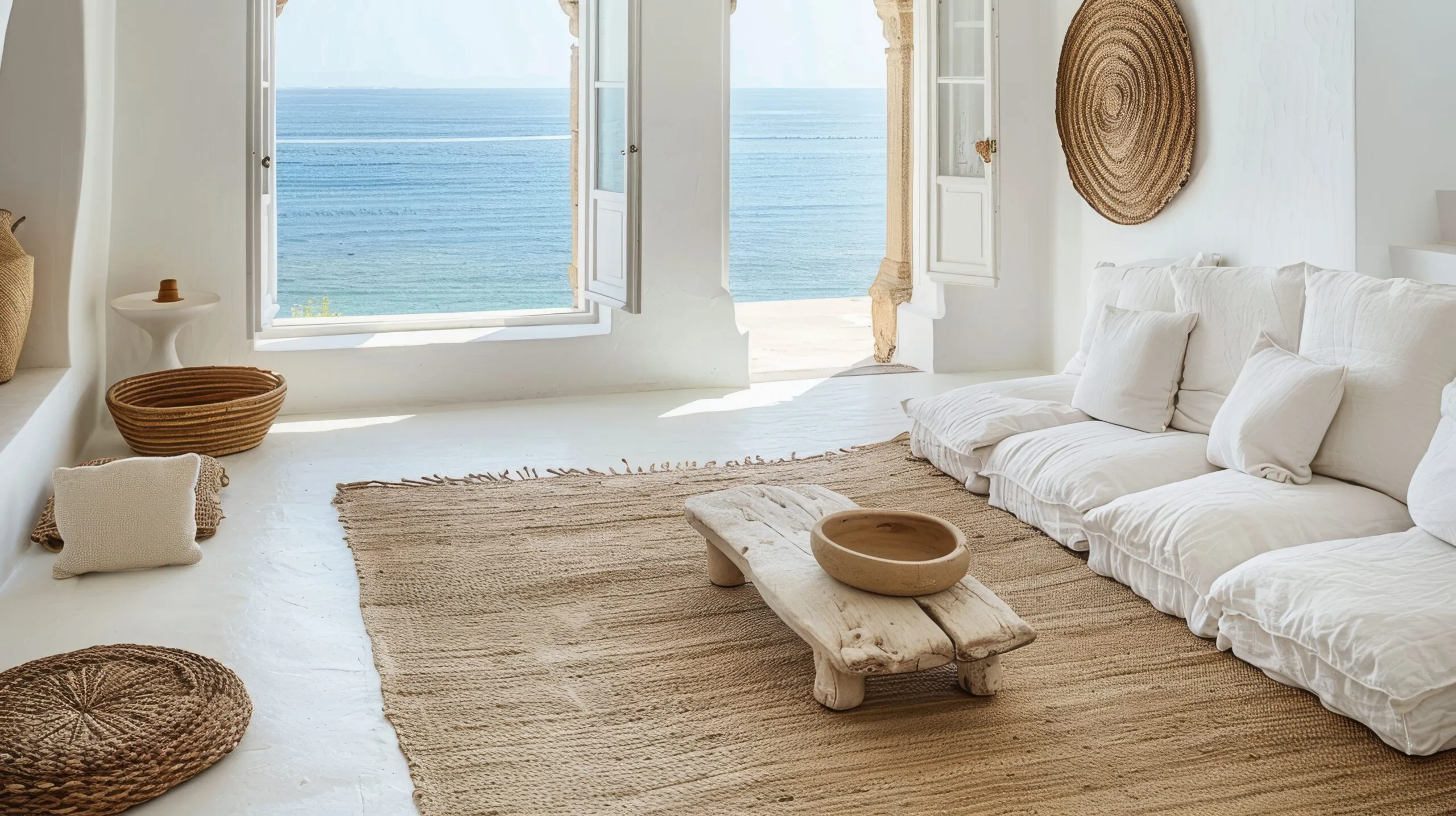 Loft interior design of minimal living room, coastal minimalism, with a coastal view through large window.