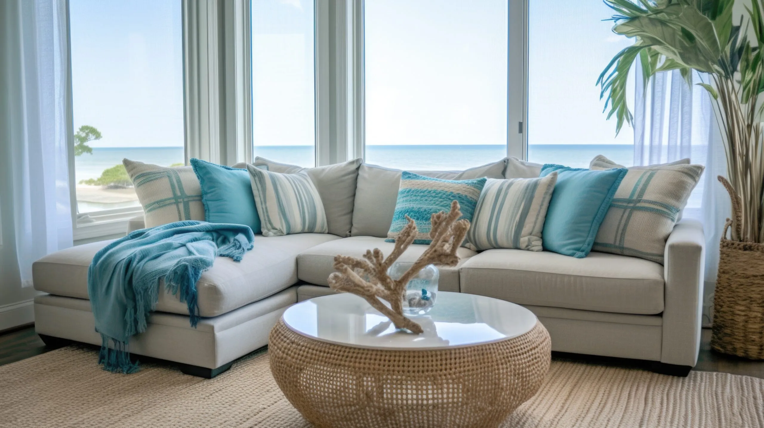 Living room decor, Coastal home interior design with Ocean view decorated with Rattan and Metal material.