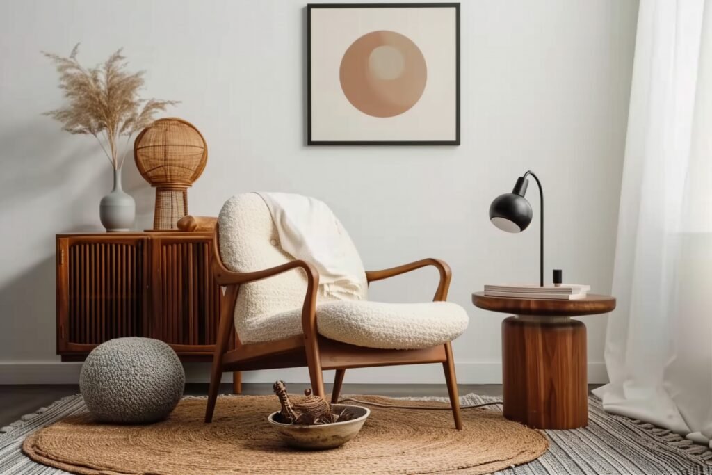Mid century modern living room with Minimalist composition of elegant living room space with white boucle armchair, photos mock up frames, carpet, coffee table, lamp, decoration and personal accessories. Copy space.