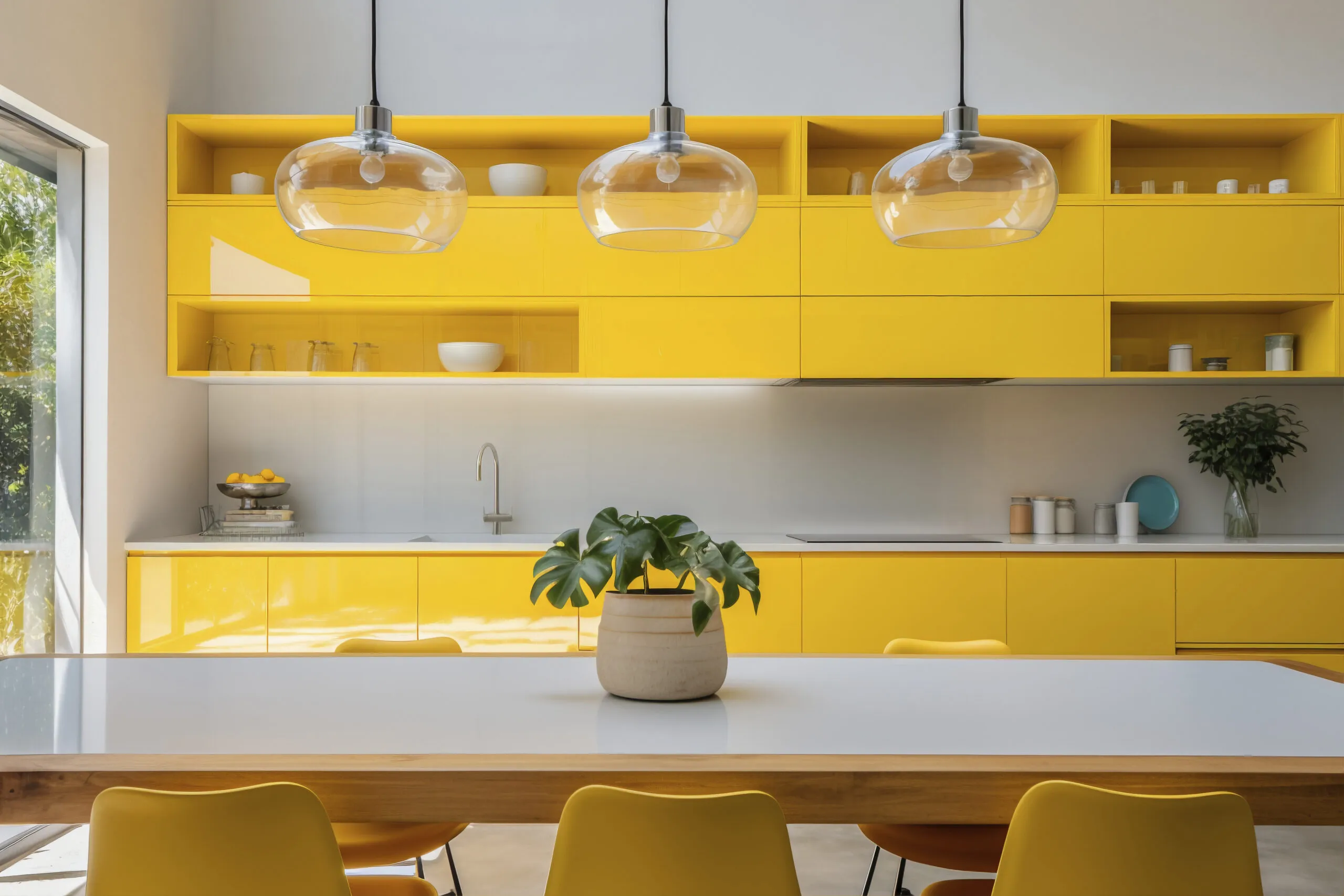Yellow kitchen with a table and a few chairs, glass lights.