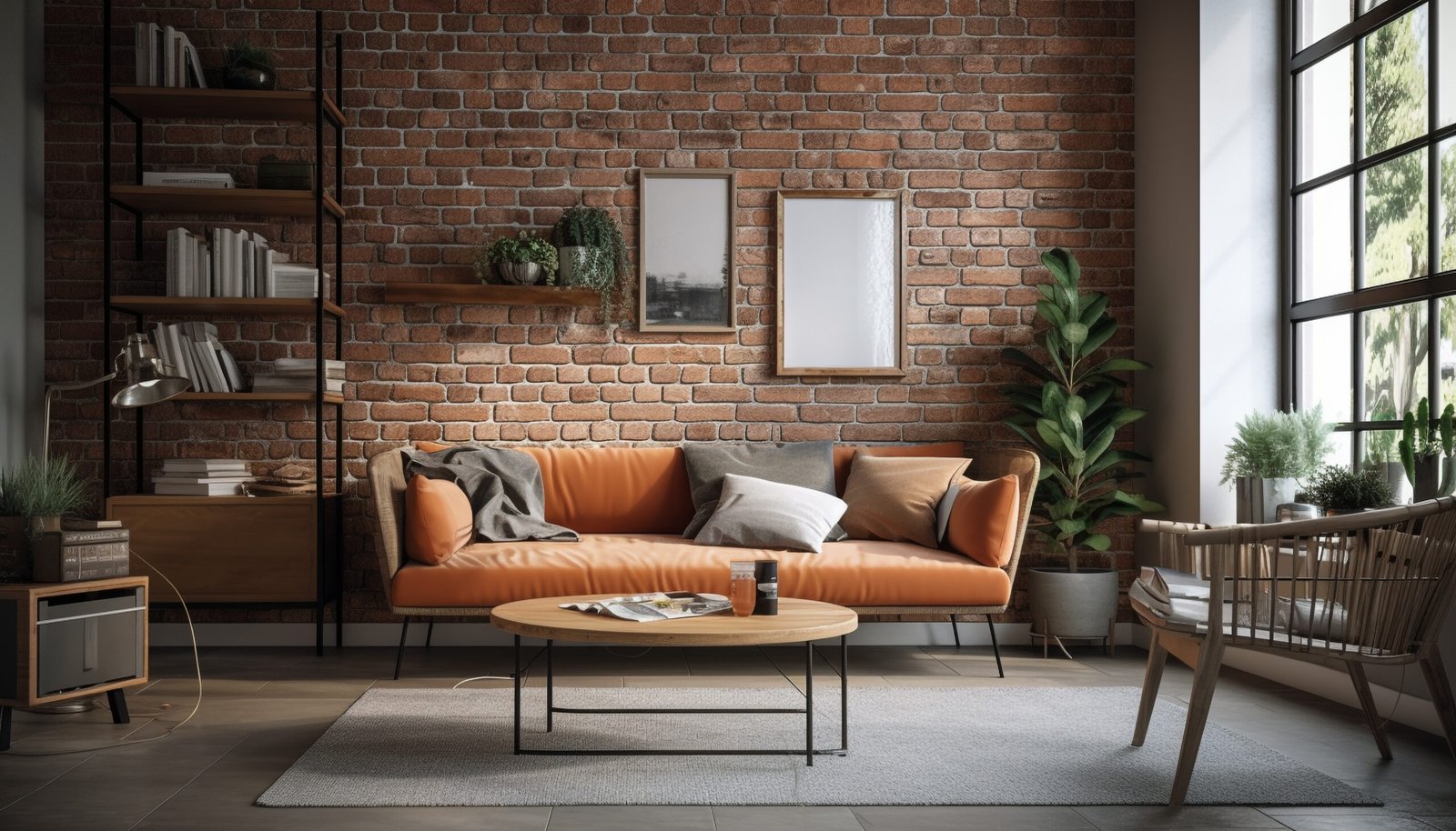 Mid century modern living room with an orange couch, brick wall and wooden details.