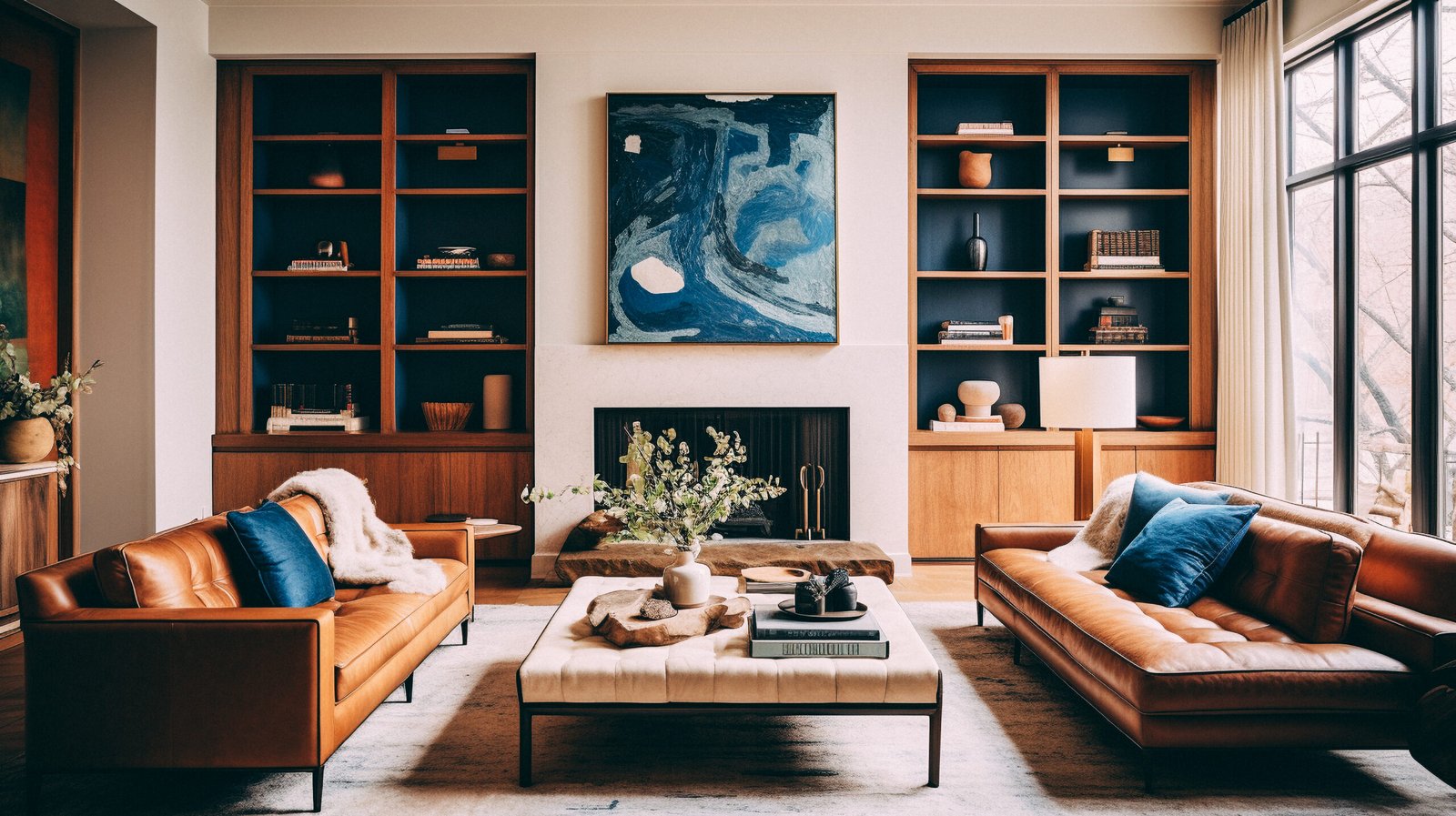 Mid century modern living room with two leather sofas and a blue print on the wall.