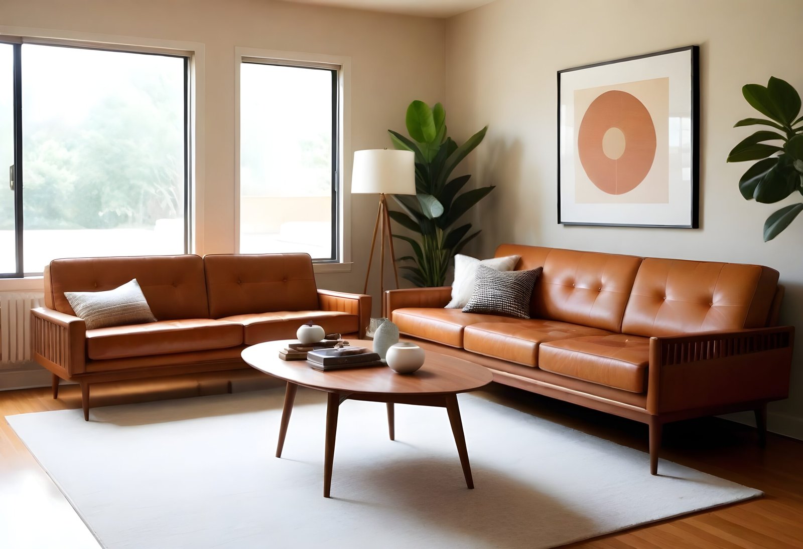 Mid century modern living room with leather couches. 