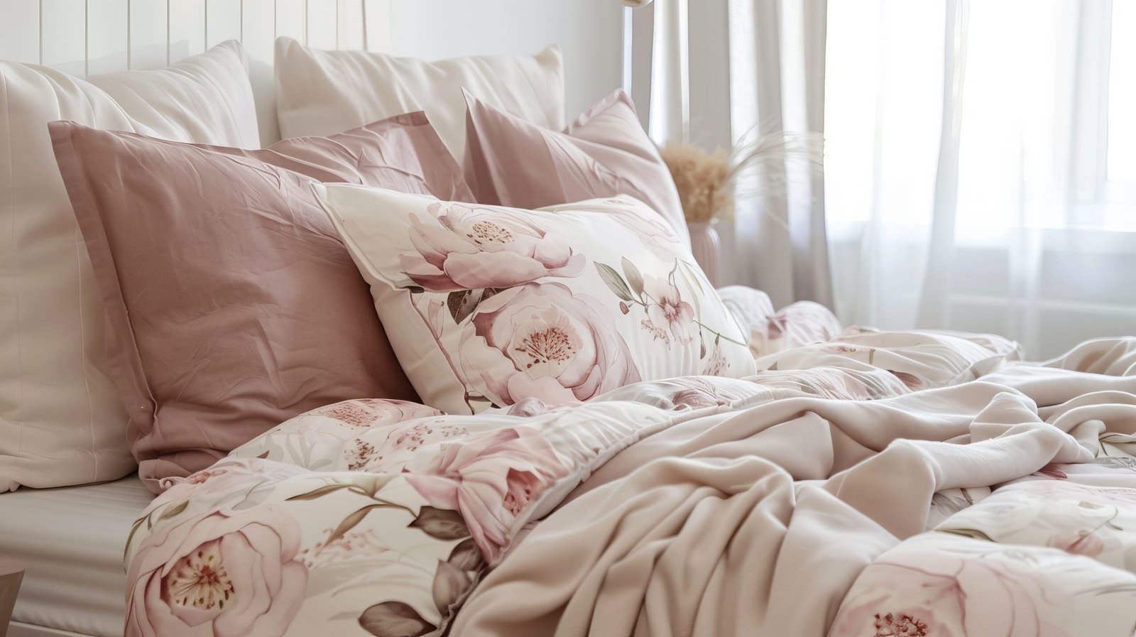 Soft blush pink and dusty rose tones in a romantic floral print.