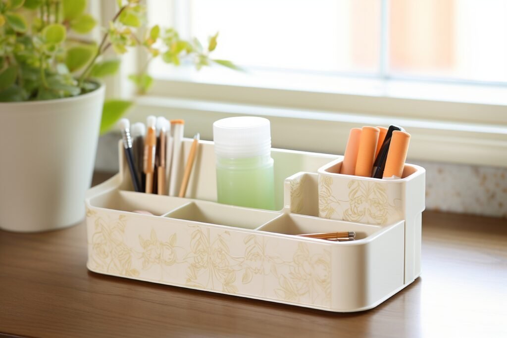 Clean simple office desk with foldable desk organizer.