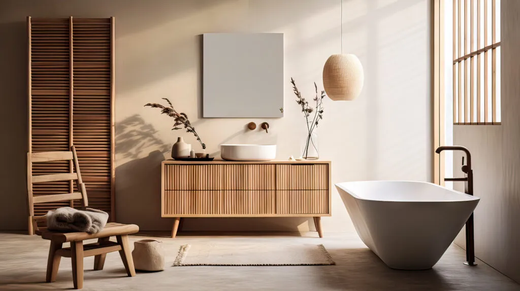 Beautiful interior of light bathroom, japandi bathroom.