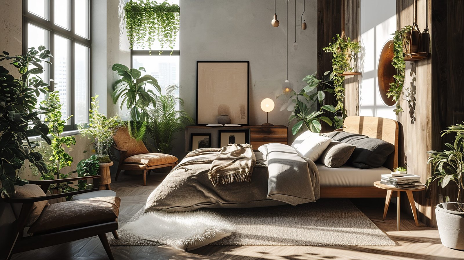 Bedroom interior design biophilic bedroom with plenty of indoor plants.