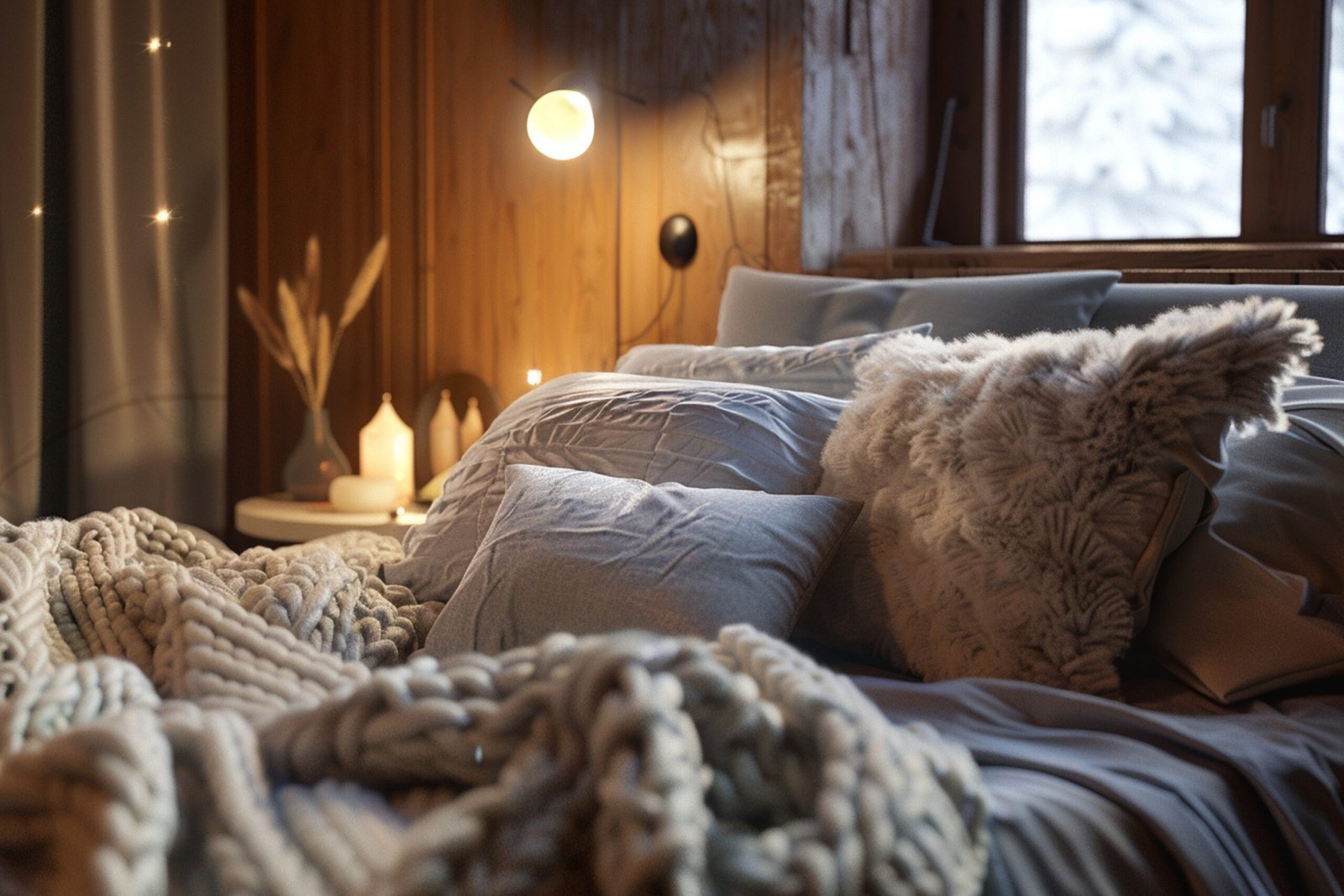 Cozy bed with soft fluffy pillows.