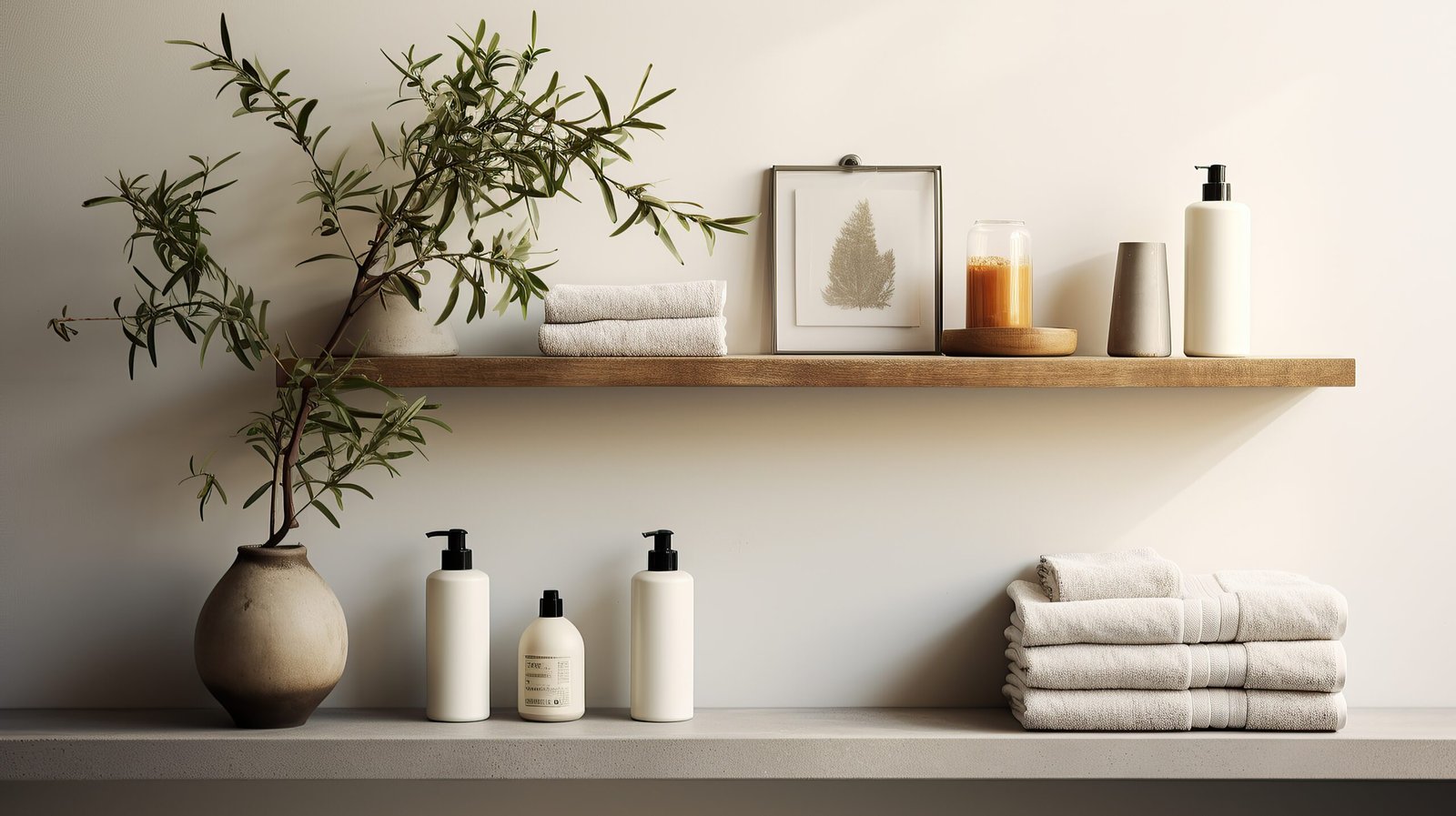 A detailed shot of a minimalist bathroom shelf, adorned with carefully curated essentials and decorative elements.