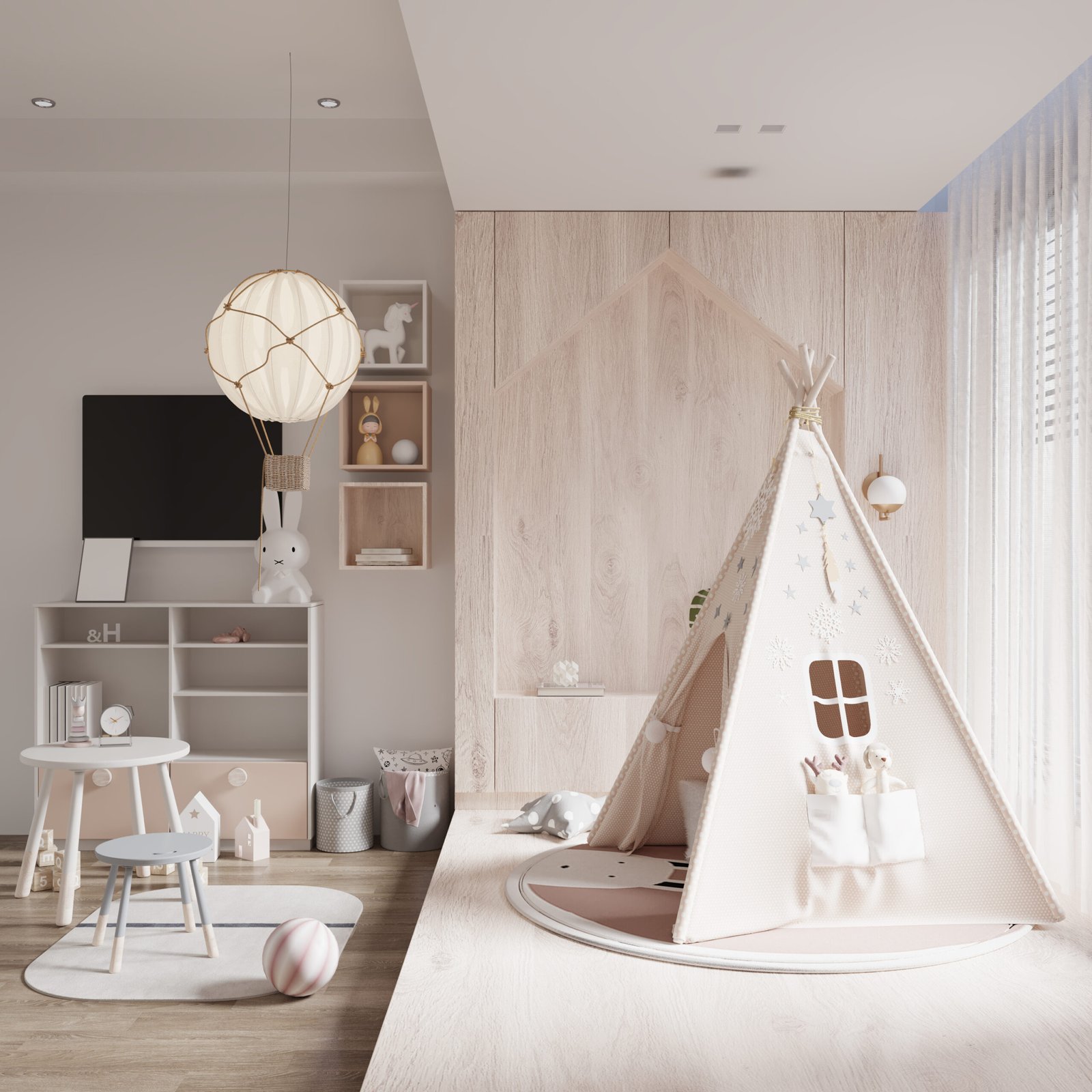 Neutral kids room interior. 