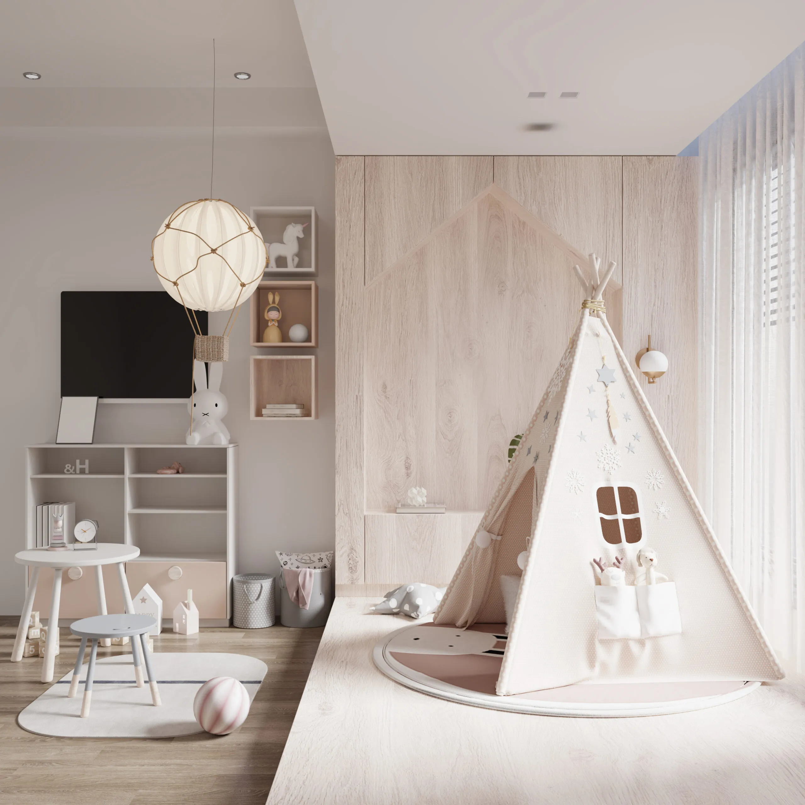 Neutral kids room interior.