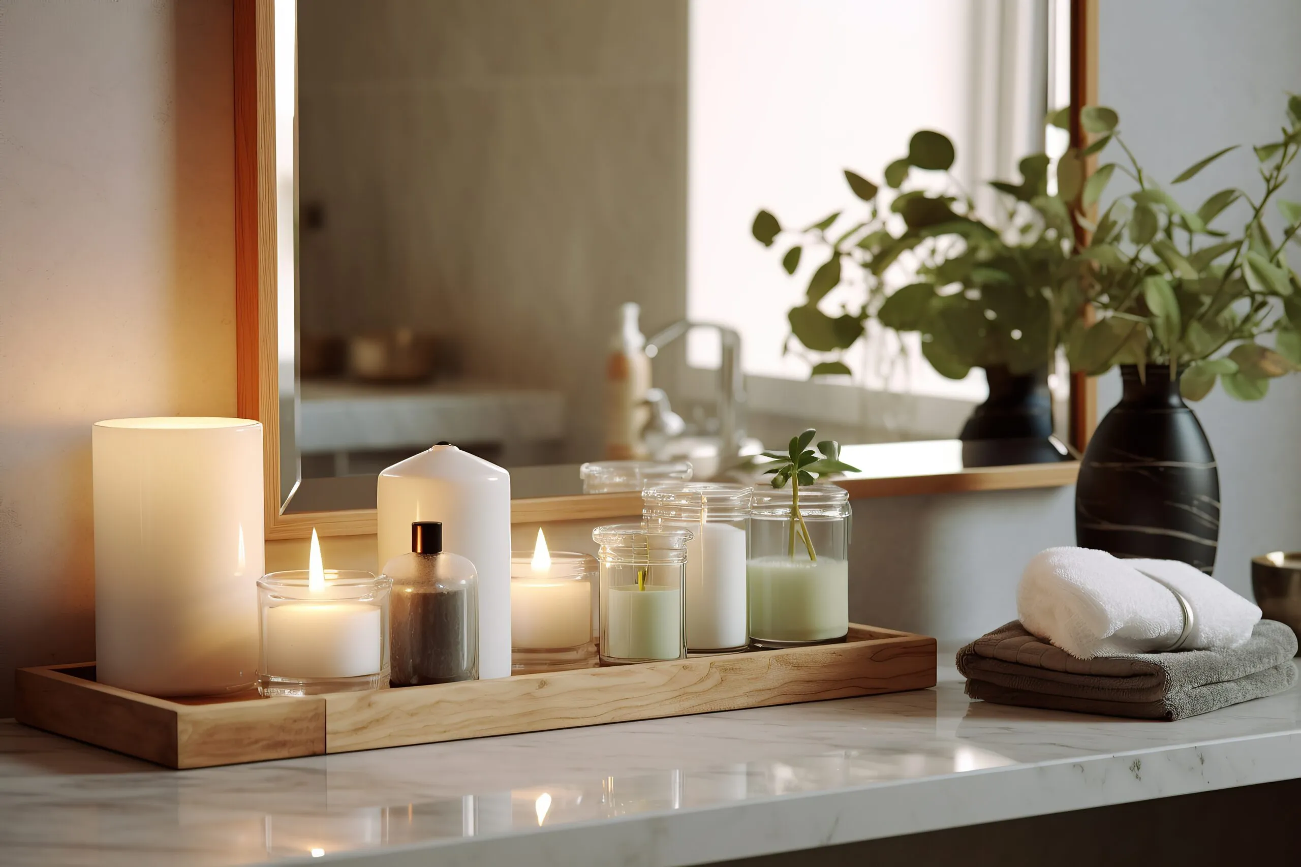 A minimalist bathroom featuring a mirror with an illuminated frame.