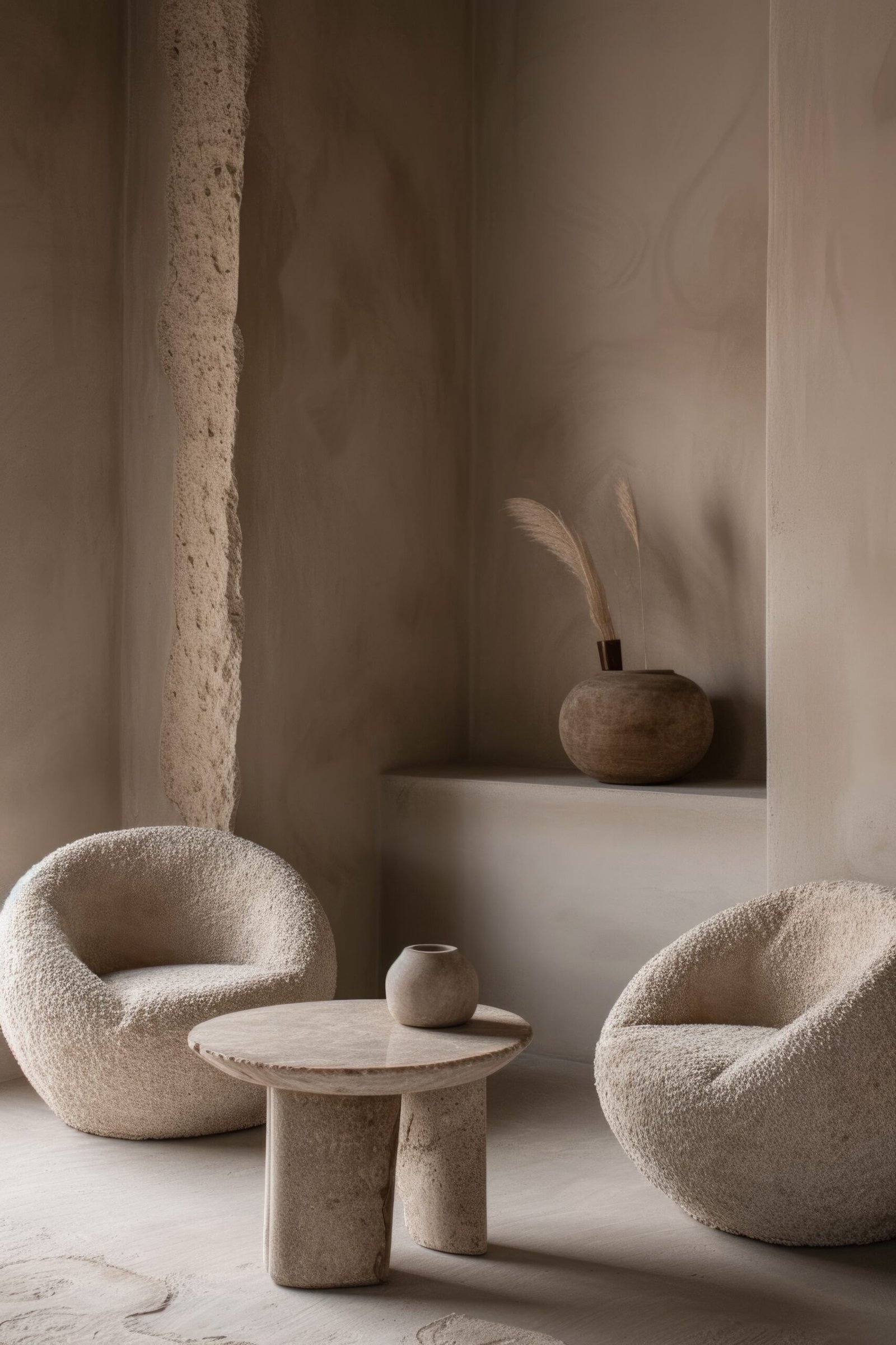 room with two chairs and a table, in the style of soft, atmospheric lighting, beige, flora borsi.