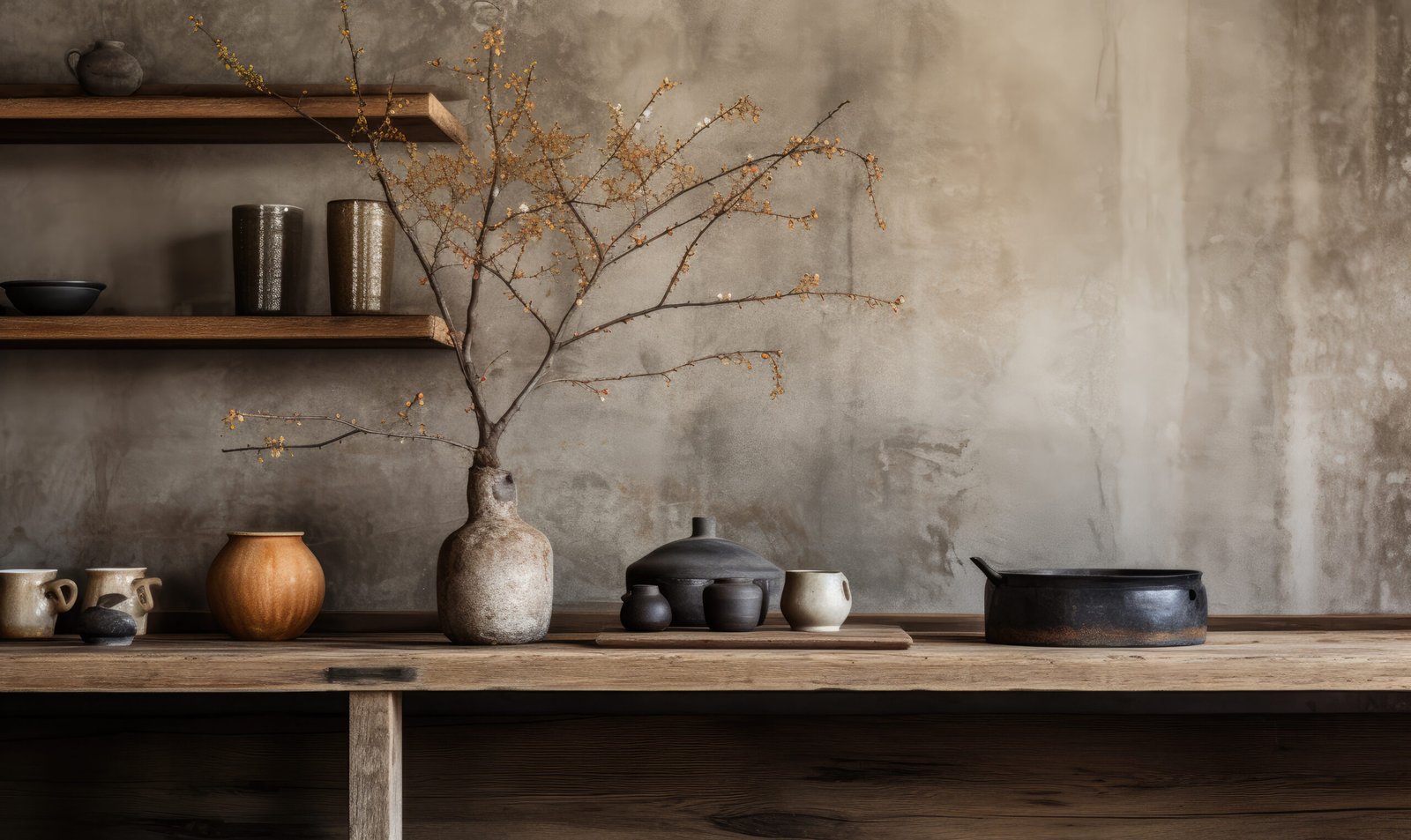 Wabi-sabi interior with vases on a shelf and table, capturing the essence of serene simplicity.